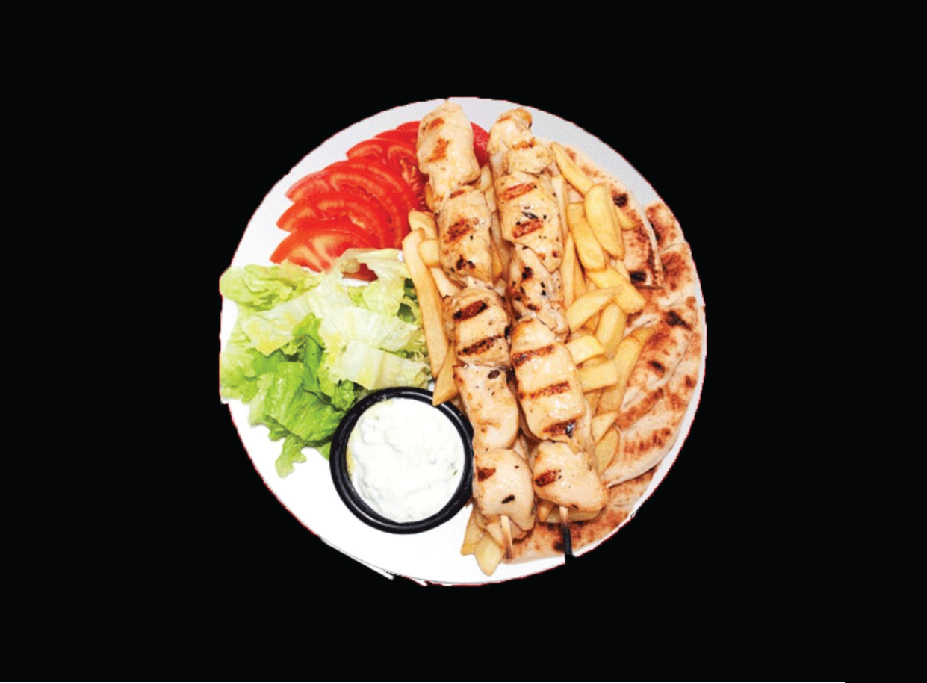 Open Souvlaki with chicken kebab meat